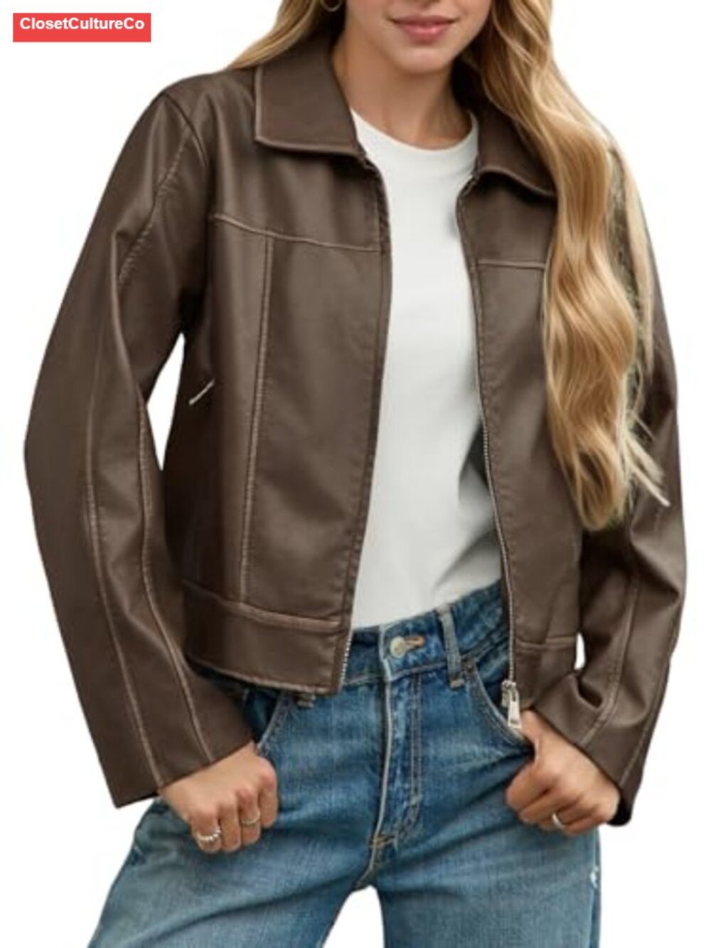 Faux Leather Moto Jacket Zip Up Cropped Biker Coat with Pockets